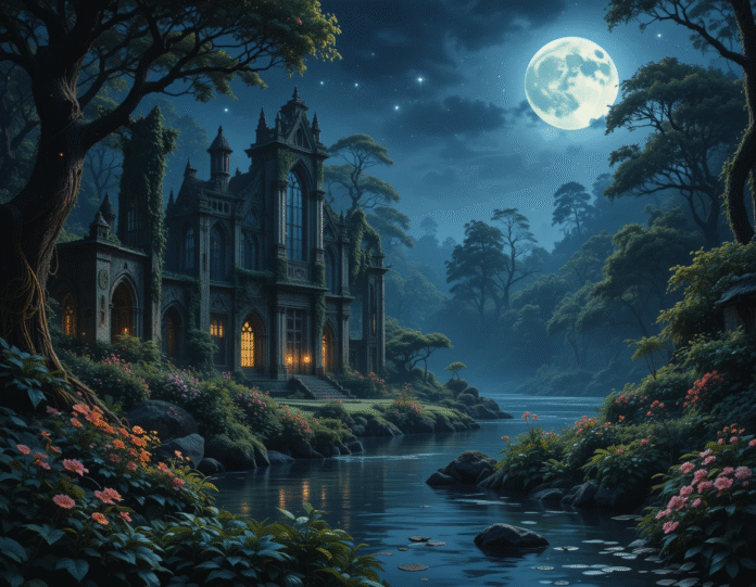 Romance - Enchanted forest with glowing plants and ancient ruins under a starry night sky