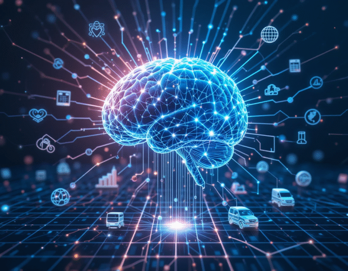 Agentic AI - Abstract 3D brain with circuit patterns connected to industry icons, symbolizing the reach of Agentic AI.