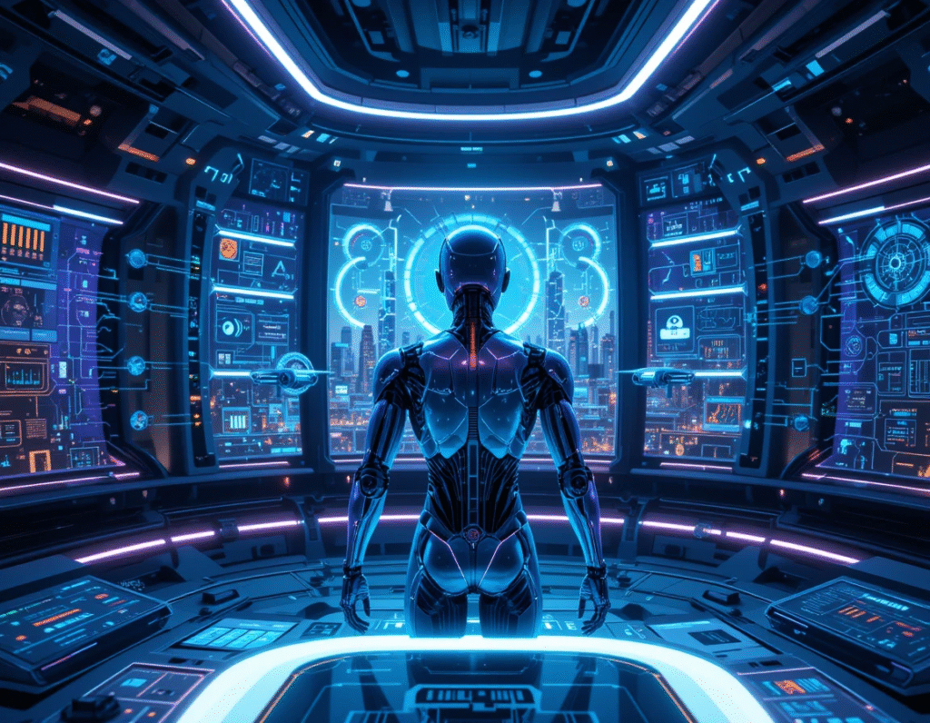 Agentic AI - Humanoid robot managing a high-tech control center with holographic interfaces, representing Agentic AI in smart cities.