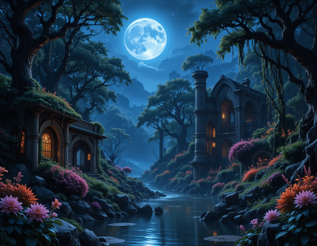 Romance - Enchanted forest with glowing plants and ancient ruins under a starry night sky